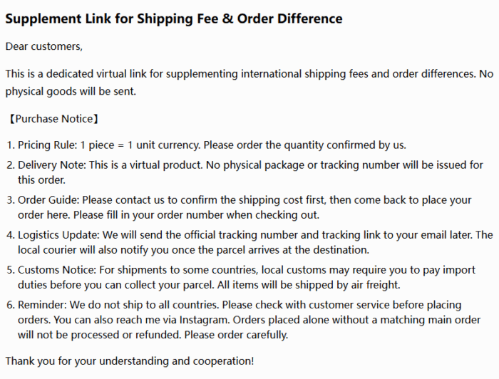 Supplement Link for Shipping Fee & Order Difference - Image 2